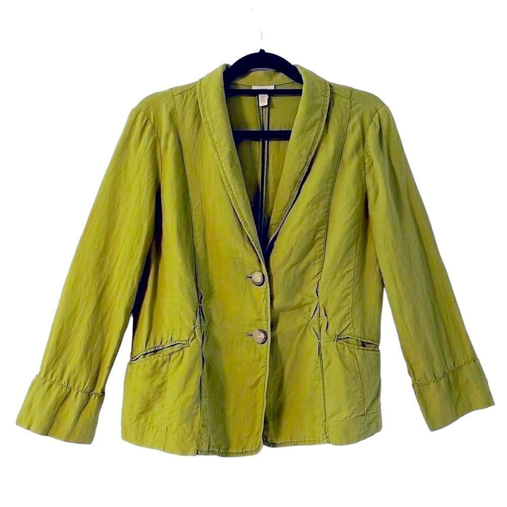 J.Jill vintage linen detailed green jacket blazer with top stitch & pockets MP P